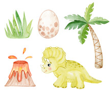 Watercolor Dinosaur And Palm Set Isolated On White Background. Volcano And Dino Egg Illustrations.