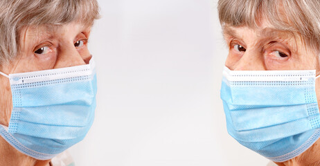 Old woman in medical mask isolated on white background