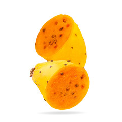 Wall Mural - Isolated opuntia fruit. Two sliced yellow prickly pears cactus fruits on white background with clipping path