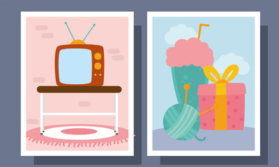 Wall Mural - home tv milkshake yarn ball and gift in frames vector design