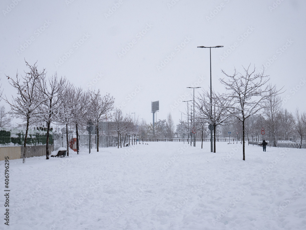 Streets and roads completely covered in snow and without traffic due to ...