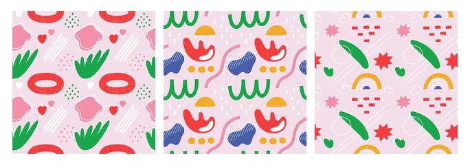 Colorful abstract Seamless patterns. Backgrounds, wallpaper. Hand drawn Vector illustration. Hand drawn various shapes and doodle objects.