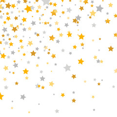 Wall Mural - Golden and silver stars falling on white background. Glitter elegant design elements. Gold shooting stars. Magic decoration. Christmas texture. Celebration banner. Vector illustration