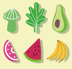 cooking avocado lettuce and fruits fresh food cartoon flat icon