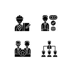Wall Mural - Organization hierarchy black glyph icons set on white space. Supervisor. CEO. Directors board. Hierarchy in business. Providing guidance and support. Silhouette symbols. Vector isolated illustration