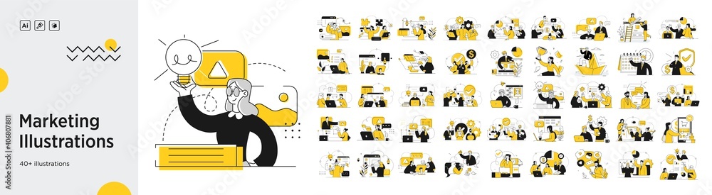 Business Marketing illustrations. Mega set. Collection of scenes with men and women taking part in business activities. Trendy vector style - obrazy, fototapety, plakaty 