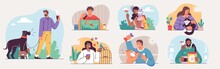 Set Of People And Their Pets Illustrations. Men And Women Having Fun, Training And Playing With Their Pets. Vector Illustrations