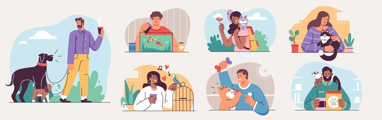 Sticker - Set of People and their pets illustrations. Men and women having fun, training and playing with their pets. Vector Illustrations