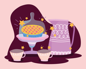 Sticker - tea pot cake and coffee cups cooking in cartoon style lettering