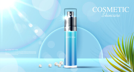 Cosmetics or skin care product ads with bottle and pearl, blue background with tropical leaves. vector illustration design