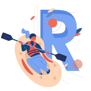 Woman riding down large letter R on rafting boat. Concept sport illustration about healthy lifestyle and extreme activities