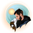 Young man beard hugs dog
The logo of the dog husky licks and kisses the owner against the backdrop of the northern landscape and the moon
Blizzard and wind snowfall