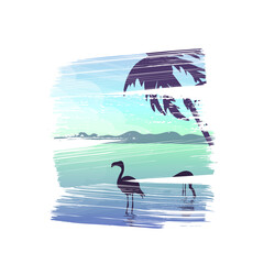 Beautiful landscape with sunset.Vector illustration of seascape with flamingos.Typography for printing T-shirts, vector illustration.