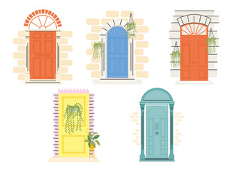 Sticker - front doors with plants icon set vector design