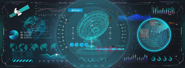 Canvas Print - space antenna with hud interface display. sci-fi dashboard with 3d objects - satellite, earth globe,
