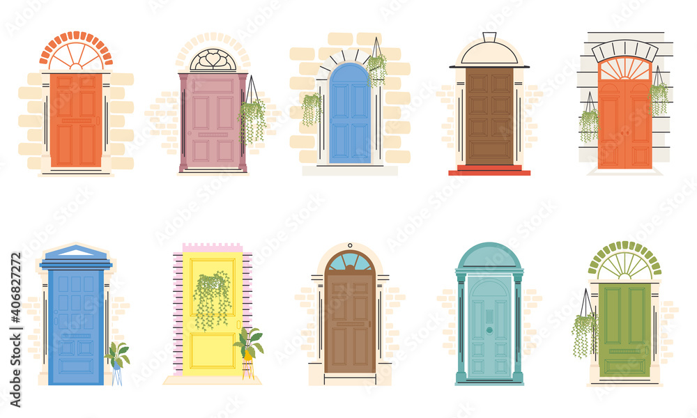front doors with plants symbol collection vector design - obrazy, fototapety, plakaty 
