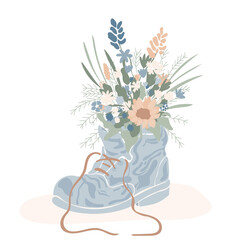 Shoe and flower. Vintage old shoe and springtime flowers doodle pattern background.