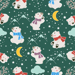 Wall Mural - Seamless pattern with snowflakes, clouds, moon and cute polar bears. Vector illustration.
