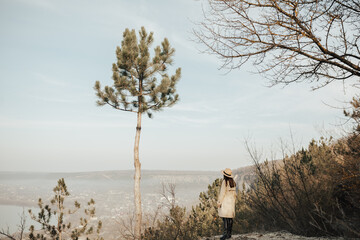 Wall Mural - Carefree woman is enjoying nature  on top of a mountain cliff in sunny day. Freedom concept.