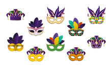 Mardi Gras Masks With Feathers Set Vector Design