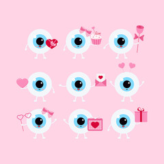 Wall Mural - Eye valentines day vector ophthalmology love icon set. Flat design cartoon smiling eyeball character in love with heart, gift, balloon, rose, letter, cupcake for valentines day design illustration.