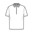 Shirt zip polo technical fashion illustration with short sleeves, tunic length, henley neck, oversized, flat knit collar. Apparel top outwear template front, white color. Women men unisex CAD mockup