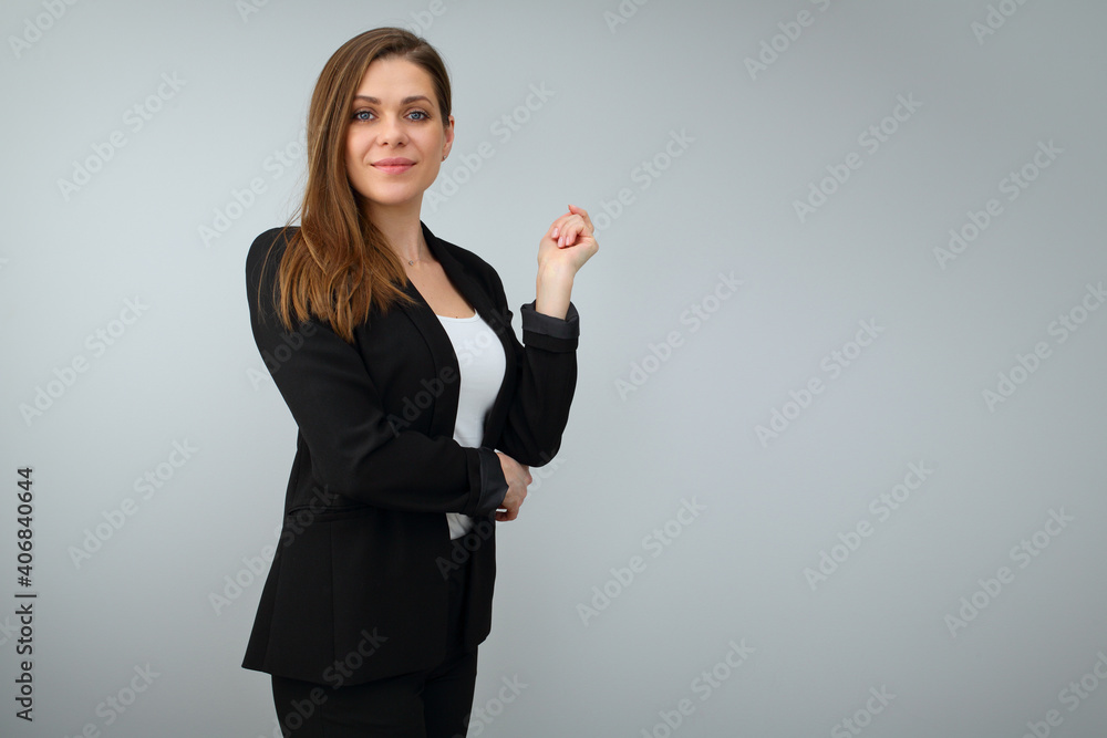 studio portrait of confident business woman in black suit. Stock Photo ...