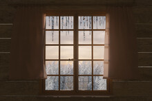 3d Rendering Of Wooden Window Frame With Icicles And Winter Forest Landscape Outside The Window