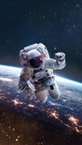 Fototapeta Kosmos - Astronaut on orbit of Earth in the outer space. Abstract wallpaper. Spaceman near surface of planet. Elements of this image furnished by NASA