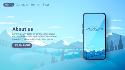 Winter mountains landscape. Smartphone mobile screen, landscape mobile display. Nature background. Vector