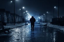 Silhouette Of Lonely Person Walks On Dark Foggy Street Illuminated With Street Lamps, Blue Toned.