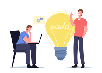 Wall Mural - eureka concept. businessmen colleagues characters with laptop sit at huge light bulb thinking creati