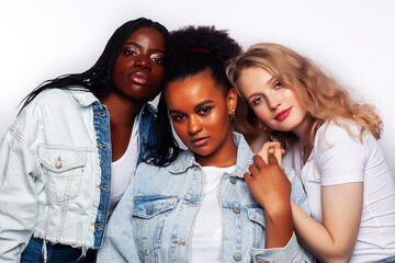 diverse multi nation girls group, teenage friends company cheerful having fun, happy smiling, cute posing isolated on white background, lifestyle people concept, african-american, asian and caucasian