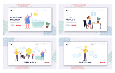 Wall Mural - tiny characters around huge light bulb searching idea landing page template set. business team searc