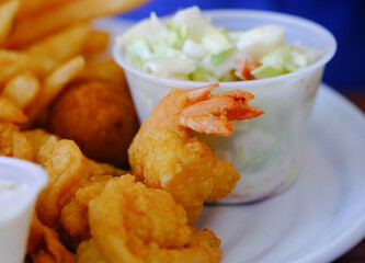 Wall Mural - Fresh Fried Shrimp with Fries and Cole Slaw