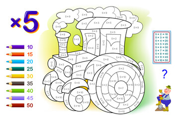 Multiplication table by 5 for kids. Math education. Coloring book. Solve examples and paint the tractor. Logic puzzle game. Printable worksheet for children school textbook. Play online.