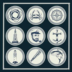 Wall Mural - bundle of nine nautical gray elements set icons