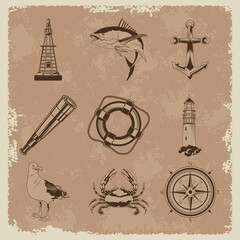 Wall Mural - bundle of nine nautical gray elements set icons in vintage background