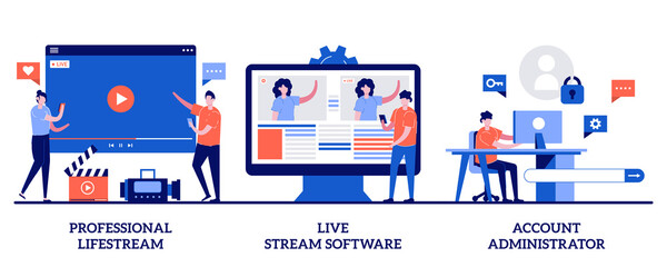 Professional livestream, live stream software, account administrator concept with tiny people. Broadcasting service abstract vector illustration set. Online event stream manager metaphor