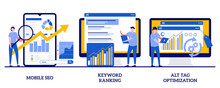 Mobile SEO Agency, Keyword Ranking, Alt Tag Optimization Concept With Tiny People. Search Engine Marketing Abstract Vector Illustration Set. Website Ranking, Page Navigation Metaphor