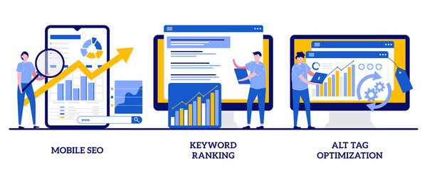 Mobile SEO agency, keyword ranking, alt tag optimization concept with tiny people. Search engine marketing abstract vector illustration set. Website ranking, page navigation metaphor