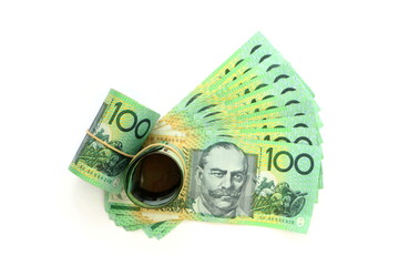 group of 100 dollar Australian notes expand and roll on white background