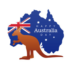 Poster - happy australia day lettering with kangaroo, map and flag