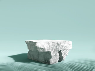 Stone product display podium with shadow nature leaves on blue background. 3D rendering