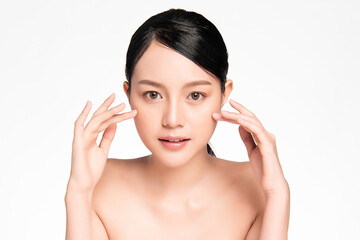 Sticker - Beautiful young asian woman with clean fresh skin on white background, Face care, Facial treatment, Cosmetology, beauty and spa, Asian women portrait