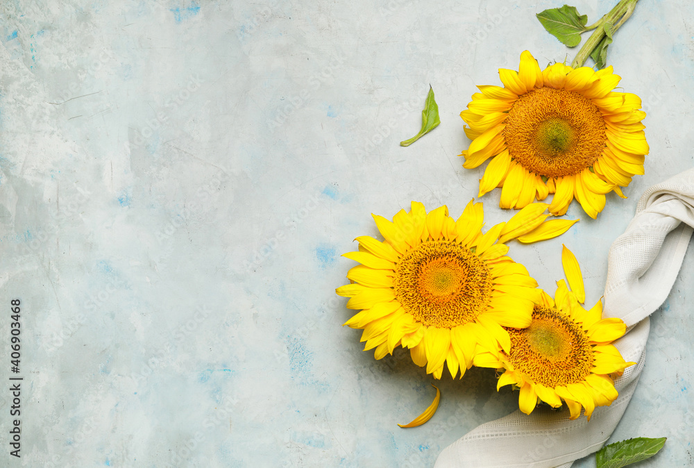 Beautiful sunflowers on light background