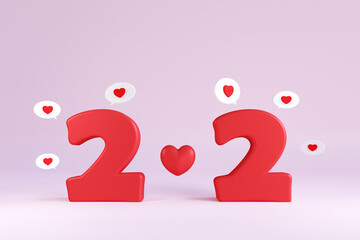 red 2 february number decorate with heart messages on pink background. 3d render illustration. valen