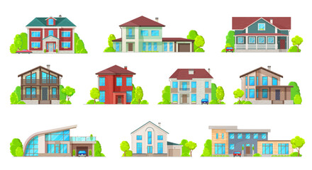 Houses, villas and mansion real estate building icons. Luxury bungalow, modern cottage and contemporary house buildings facade with porch, pitched roof and garage flat vector. Suburban townhouse