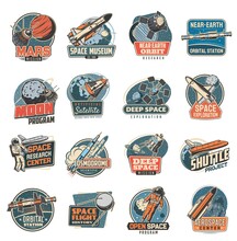 Space Vector Retro Icons Mars Mission, Space Museum And Near Earth Orbital Station, Moon Program, Artificial Satellite And Deep Space Exploration. Research Center, Cosmodrome And Shuttle Project Set
