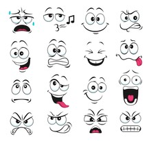 Face Expression Isolated Vector Icons, Funny Cartoon Emoji Whistle, Yelling And Sweating, Gnash Teeth, Angry, Laughing And Sad. Facial Feelings, Emoticons Upset, Happy And Show Tongue Cute Faces Set